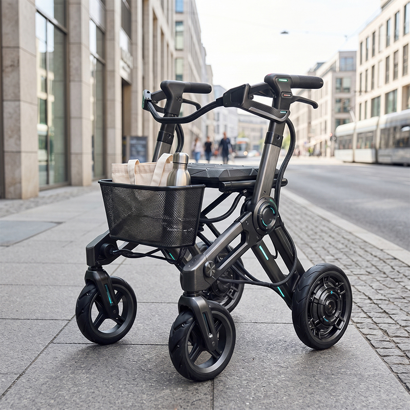 CR3100  New Design Carbon Fiber Rollator Walker Black Grey Futuristic Frame Cyan Detail 8 Inch Wheels Foldable Mobility Aid