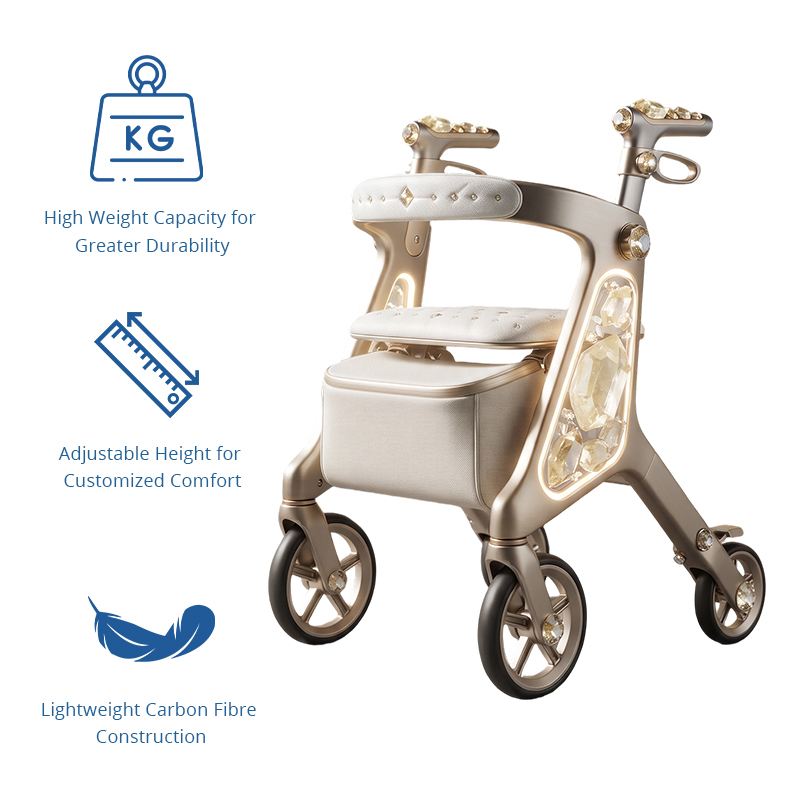 CR3101    New Design Carbon Rollator Walker for Seniors | Futuristic Golden Frame, Diamond Side Panel & Premium Lifestyle Mobility