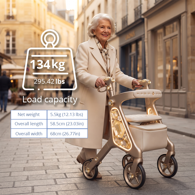 CR3101    New Design Carbon Rollator Walker for Seniors | Futuristic Golden Frame, Diamond Side Panel & Premium Lifestyle Mobility