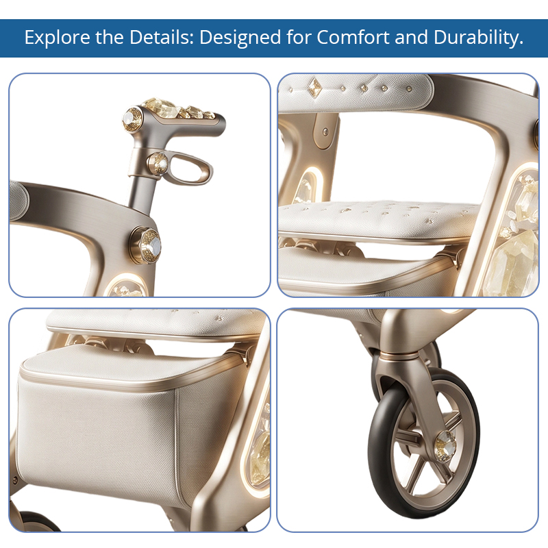 CR3101    New Design Carbon Rollator Walker for Seniors | Futuristic Golden Frame, Diamond Side Panel & Premium Lifestyle Mobility