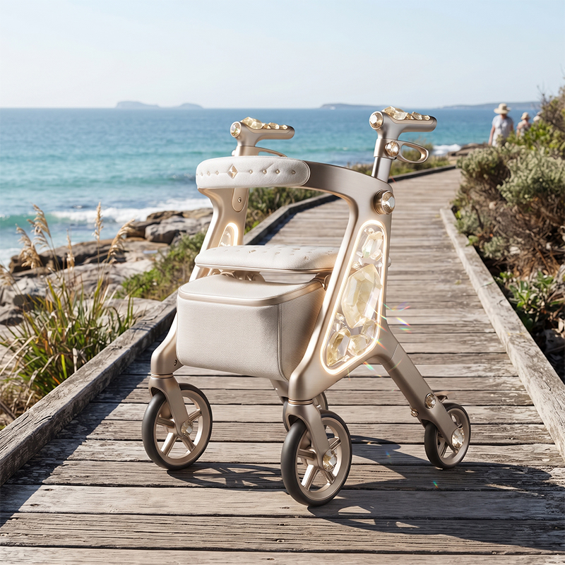CR3101    New Design Carbon Rollator Walker for Seniors | Futuristic Golden Frame, Diamond Side Panel & Premium Lifestyle Mobility