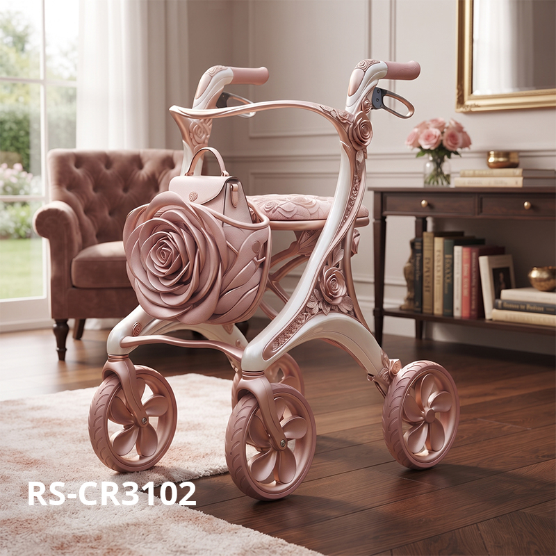 CR3102  New Design Carbon Fiber Rollator Walker with Rose Flower Pattern Luxury Concept Mobility Aid for Elderly Seniors OEM