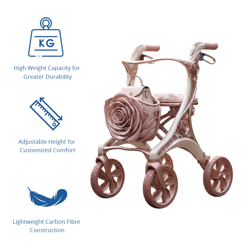 CR3102  New Design Carbon Fiber Rollator Walker with Rose Flower Pattern Luxury Concept Mobility Aid for Elderly Seniors OEM