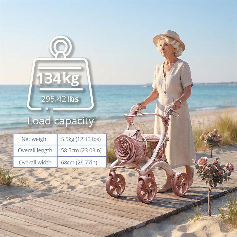 CR3102  New Design Carbon Fiber Rollator Walker with Rose Flower Pattern Luxury Concept Mobility Aid for Elderly Seniors OEM
