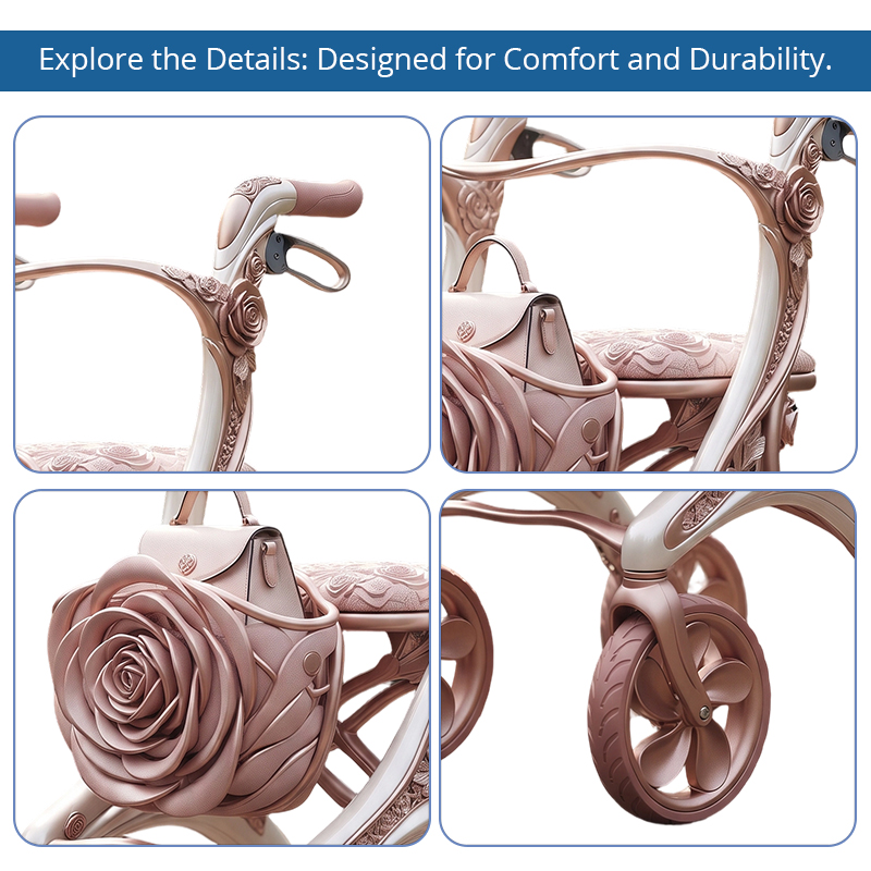 CR3102  New Design Carbon Fiber Rollator Walker with Rose Flower Pattern Luxury Concept Mobility Aid for Elderly Seniors OEM