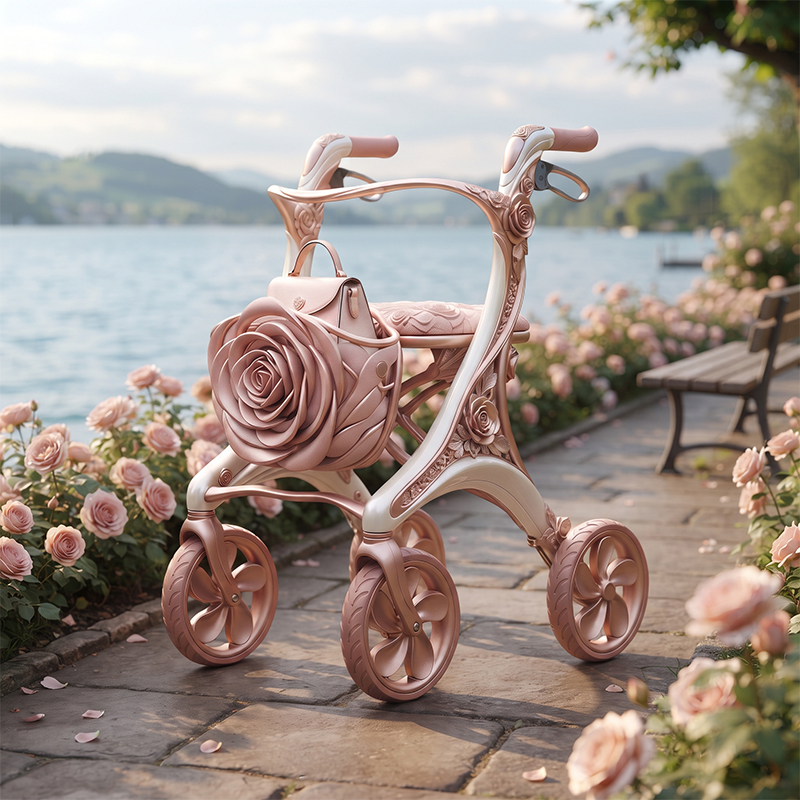 CR3102  New Design Carbon Fiber Rollator Walker with Rose Flower Pattern Luxury Concept Mobility Aid for Elderly Seniors OEM
