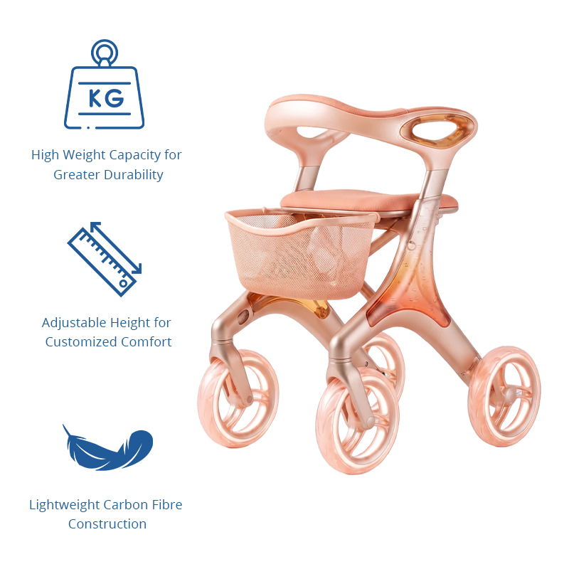 CR3104    New Design Carbon Fiber Rollator Walker for Seniors Rose Gold Streamline Design Lightweight Walking Aid OEM Supplier