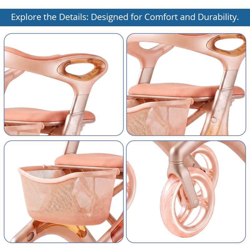 CR3104    New Design Carbon Fiber Rollator Walker for Seniors Rose Gold Streamline Design Lightweight Walking Aid OEM Supplier
