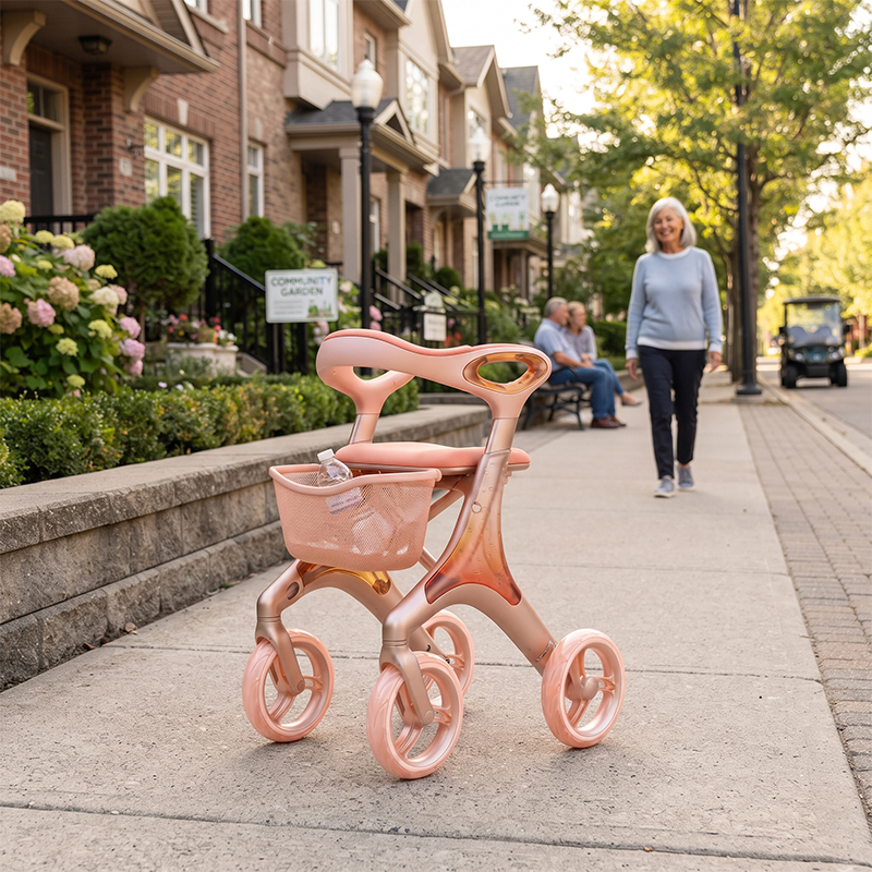CR3104    New Design Carbon Fiber Rollator Walker for Seniors Rose Gold Streamline Design Lightweight Walking Aid OEM Supplier