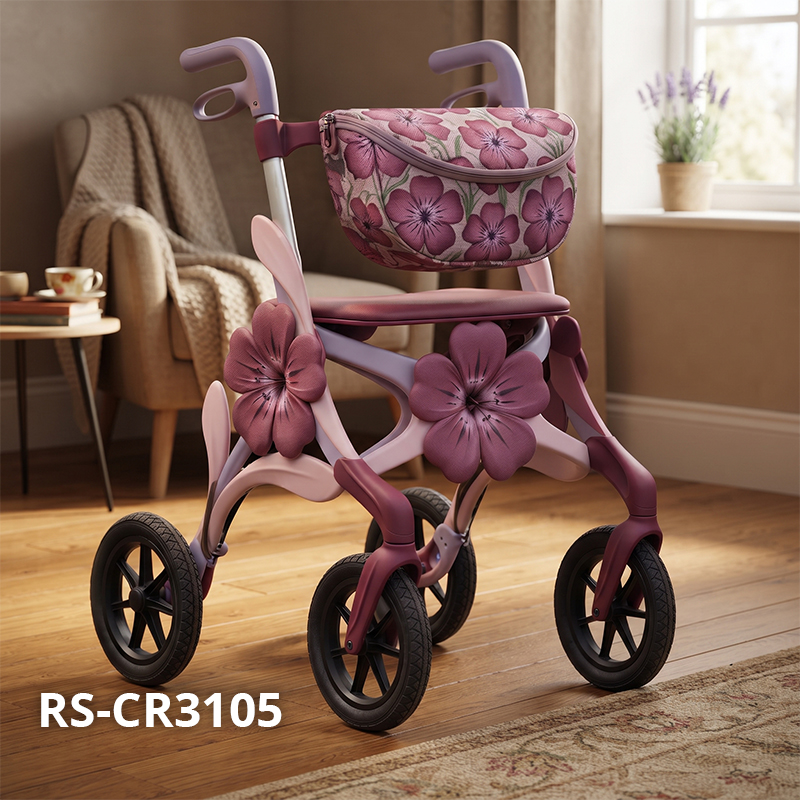 CR3105   New Design Carbon Fibre Rollator Walker with 3D Flower Design Pearl Pink Frame Lightweight 6kg OEM ODM Custom Mobility Aid
