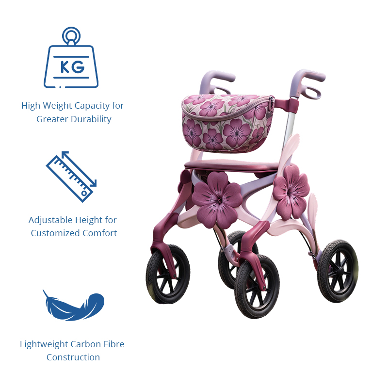 CR3105   New Design Carbon Fibre Rollator Walker with 3D Flower Design Pearl Pink Frame Lightweight 6kg OEM ODM Custom Mobility Aid