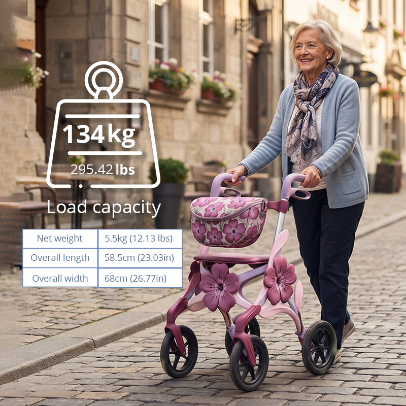 CR3105   New Design Carbon Fibre Rollator Walker with 3D Flower Design Pearl Pink Frame Lightweight 6kg OEM ODM Custom Mobility Aid