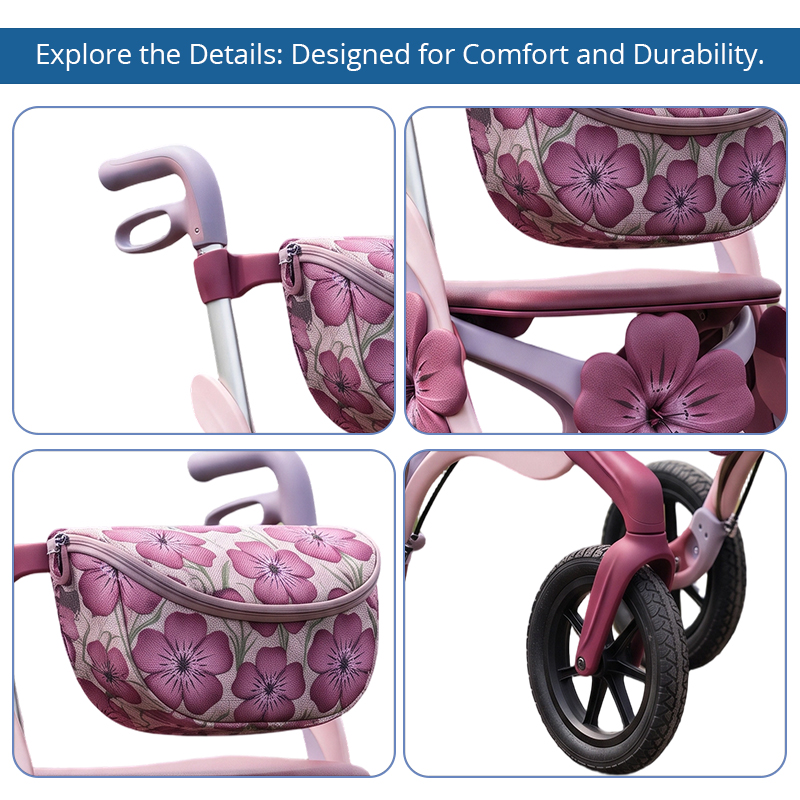 CR3105   New Design Carbon Fibre Rollator Walker with 3D Flower Design Pearl Pink Frame Lightweight 6kg OEM ODM Custom Mobility Aid