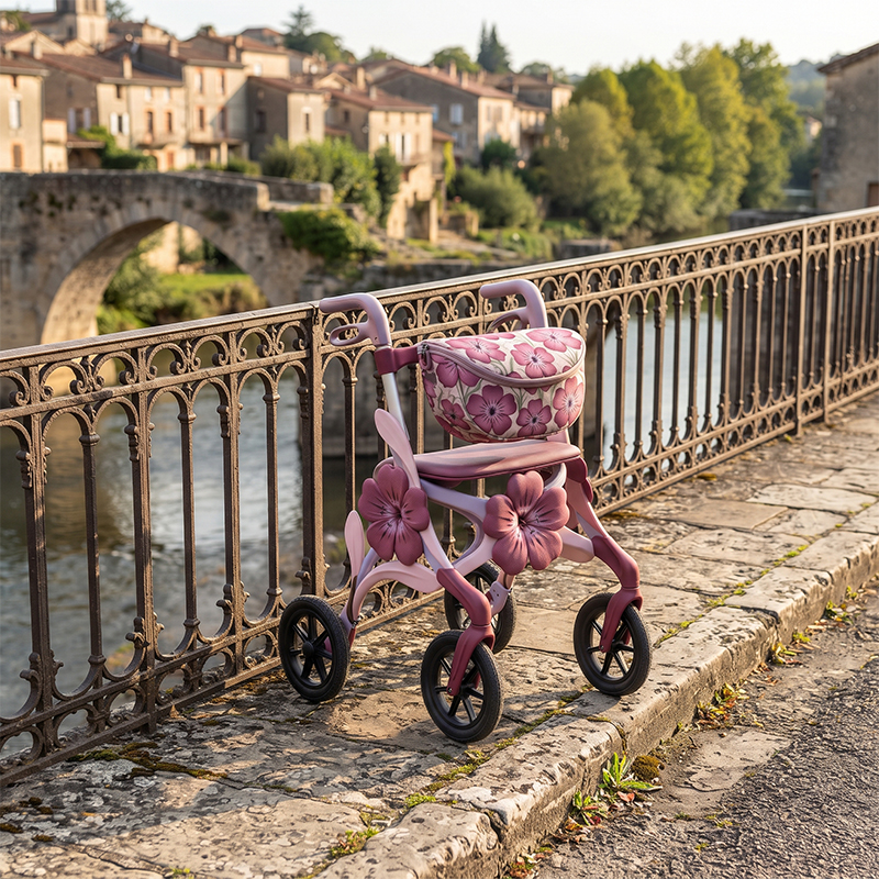 CR3105   New Design Carbon Fibre Rollator Walker with 3D Flower Design Pearl Pink Frame Lightweight 6kg OEM ODM Custom Mobility Aid