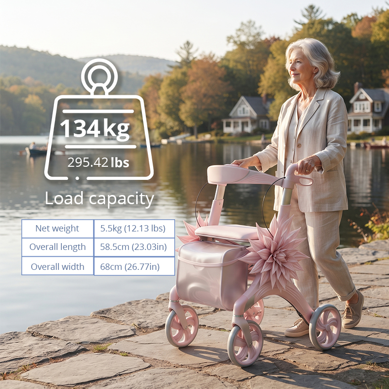 CR3106   New Design Carbon Fiber Rollator Walker for Elderly Pearl Pink 3D Floral Design Lightweight Mobility Aid OEM Supplier
