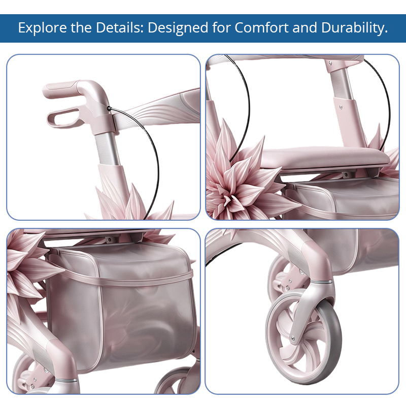 CR3106   New Design Carbon Fiber Rollator Walker for Elderly Pearl Pink 3D Floral Design Lightweight Mobility Aid OEM Supplier