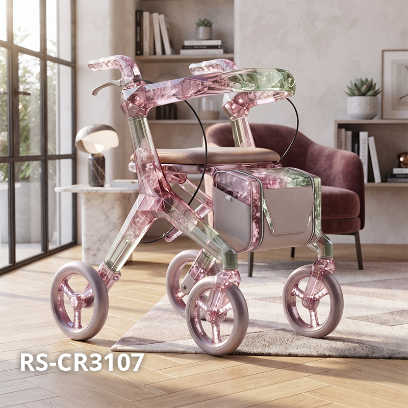 CR3107   Future Design Transparent Carbon Fiber Rollator Walker Pink Green Crystal Frame Lightweight Mobility Aid OEM ODM