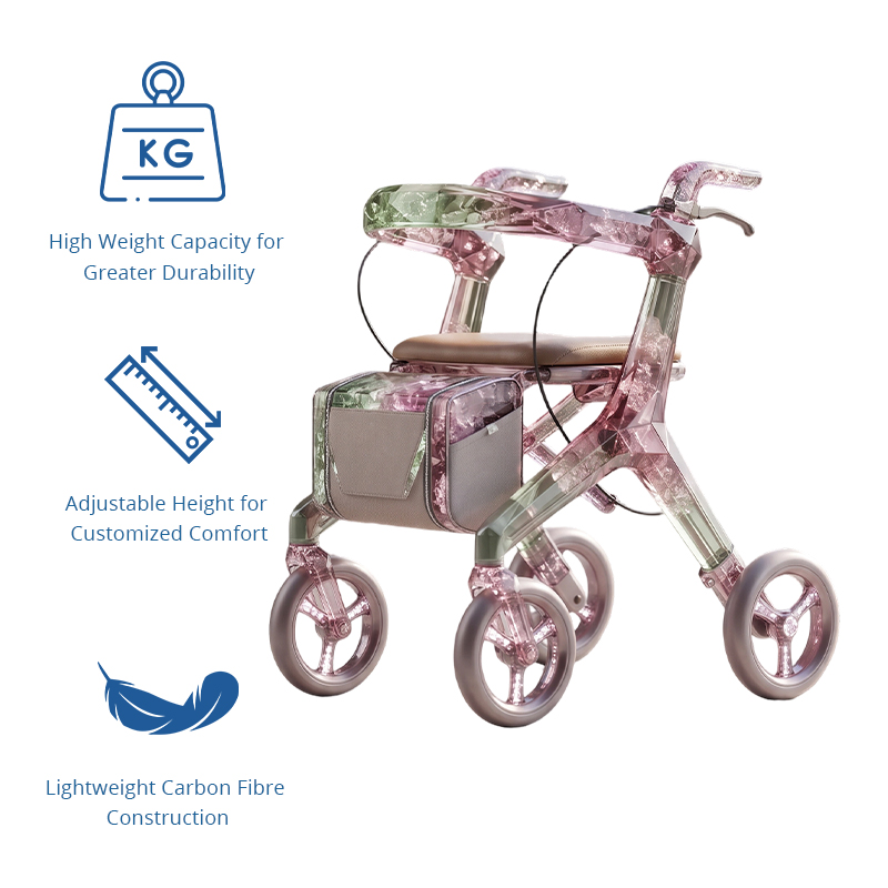 CR3107   Future Design Transparent Carbon Fiber Rollator Walker Pink Green Crystal Frame Lightweight Mobility Aid OEM ODM