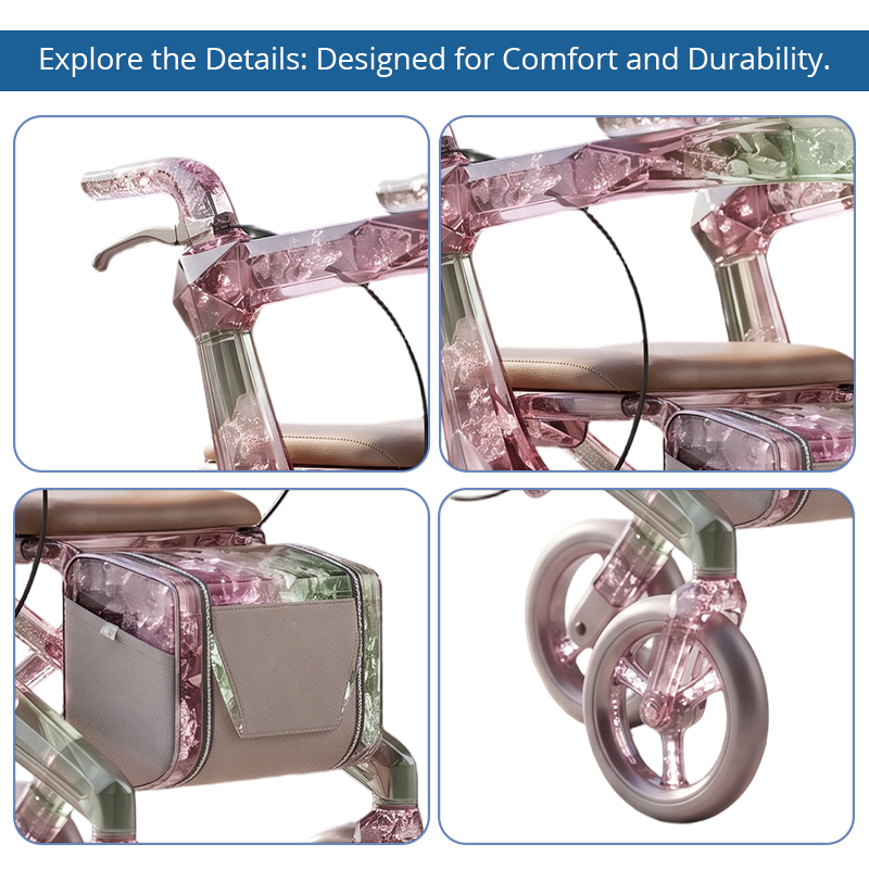 CR3107   Future Design Transparent Carbon Fiber Rollator Walker Pink Green Crystal Frame Lightweight Mobility Aid OEM ODM