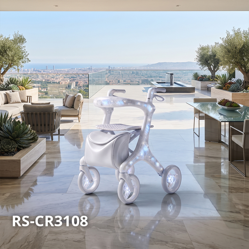 CR3108   New Design Carbon Fiber Rollator Walker with Pearl White Transparent Frame, Lightweight Design for Elderly Care OEM Supplier