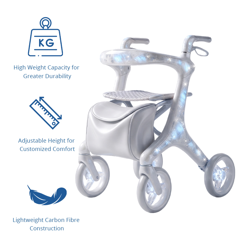CR3108   New Design Carbon Fiber Rollator Walker with Pearl White Transparent Frame, Lightweight Design for Elderly Care OEM Supplier