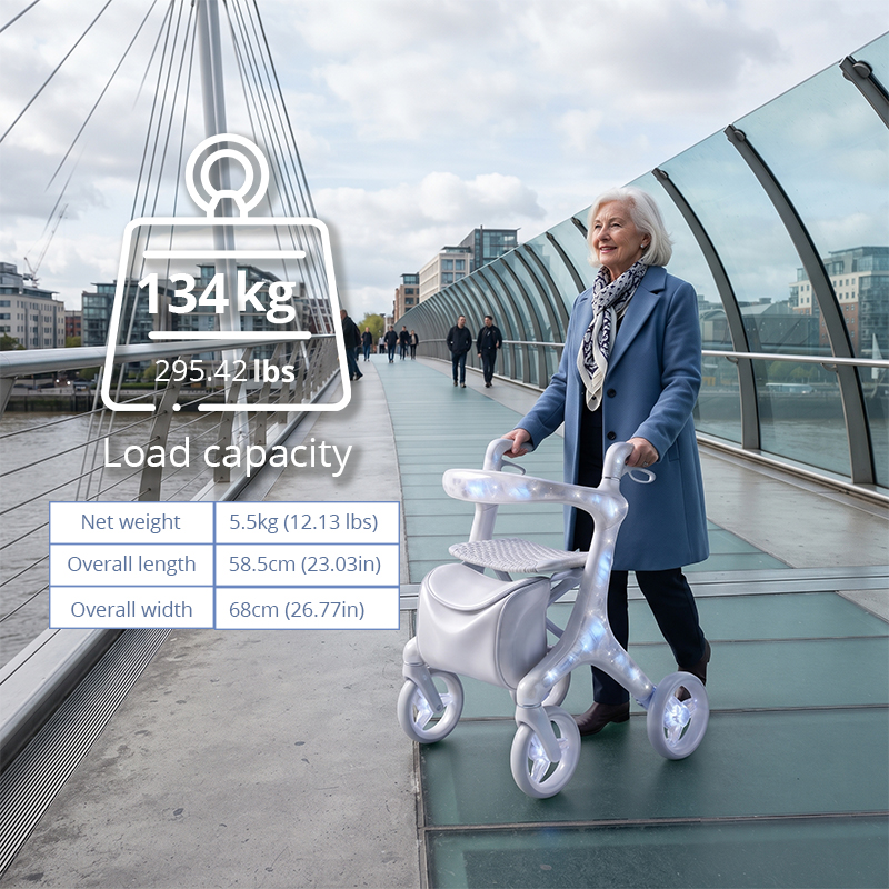 CR3108   New Design Carbon Fiber Rollator Walker with Pearl White Transparent Frame, Lightweight Design for Elderly Care OEM Supplier