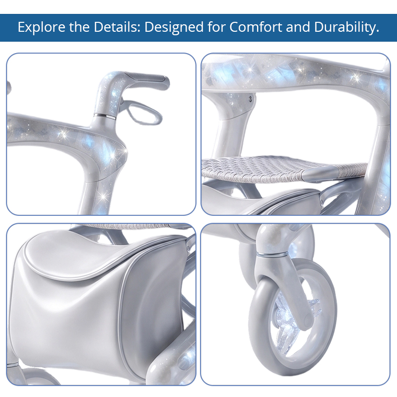 CR3108   New Design Carbon Fiber Rollator Walker with Pearl White Transparent Frame, Lightweight Design for Elderly Care OEM Supplier