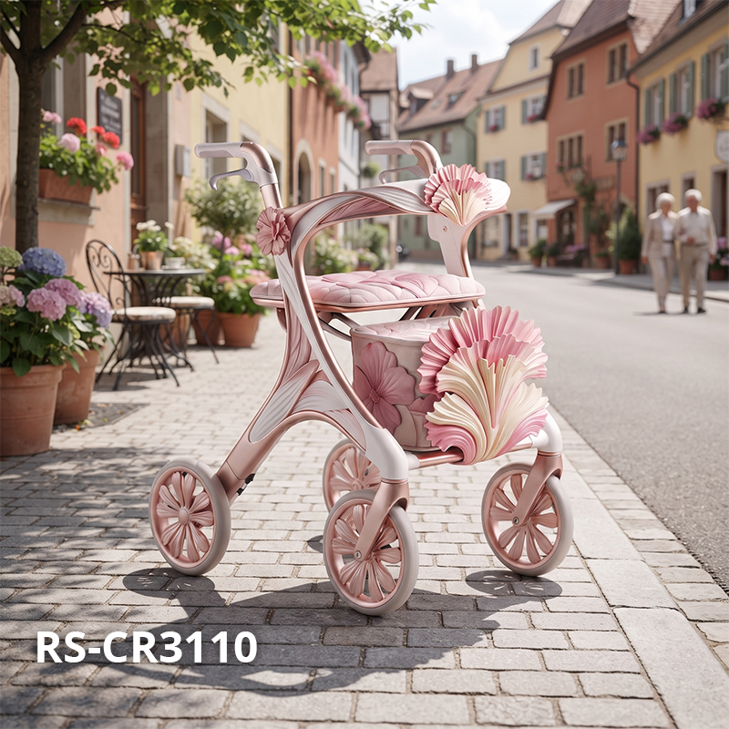 CR3110     New Design Carbon Fibre Rollator Walker for Premium Elderly Care Brands with Rose Gold Frame Floral Pattern Custom Manufacturing