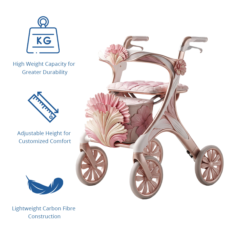 CR3110     New Design Carbon Fibre Rollator Walker for Premium Elderly Care Brands with Rose Gold Frame Floral Pattern Custom Manufacturing