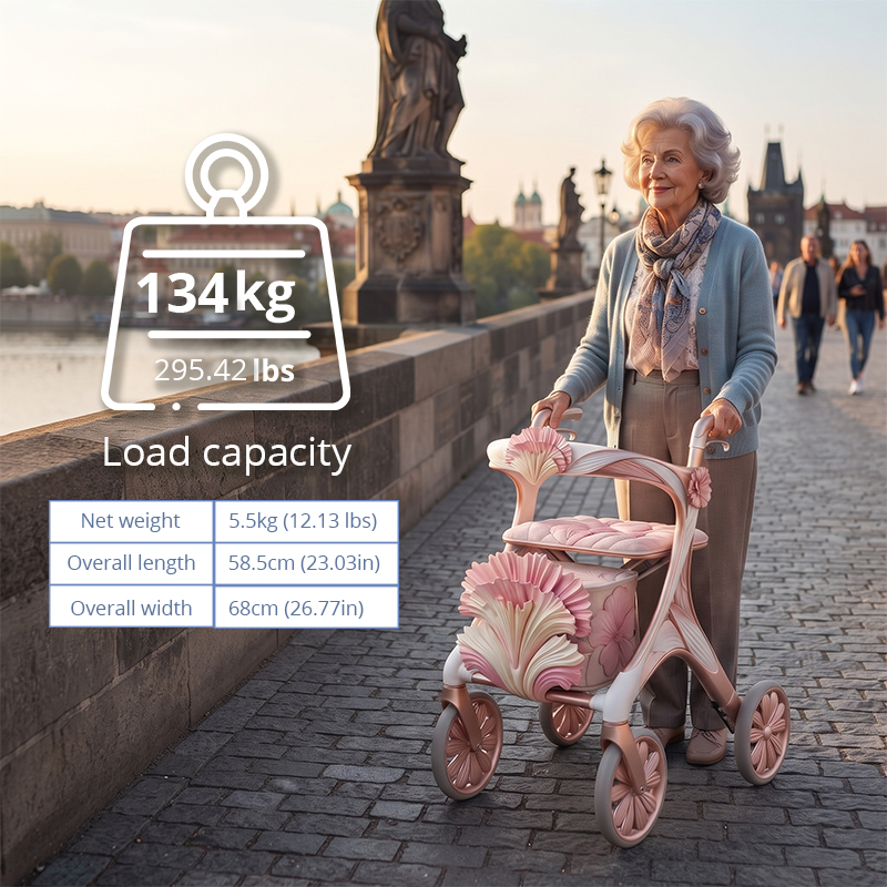 CR3110     New Design Carbon Fibre Rollator Walker for Premium Elderly Care Brands with Rose Gold Frame Floral Pattern Custom Manufacturing