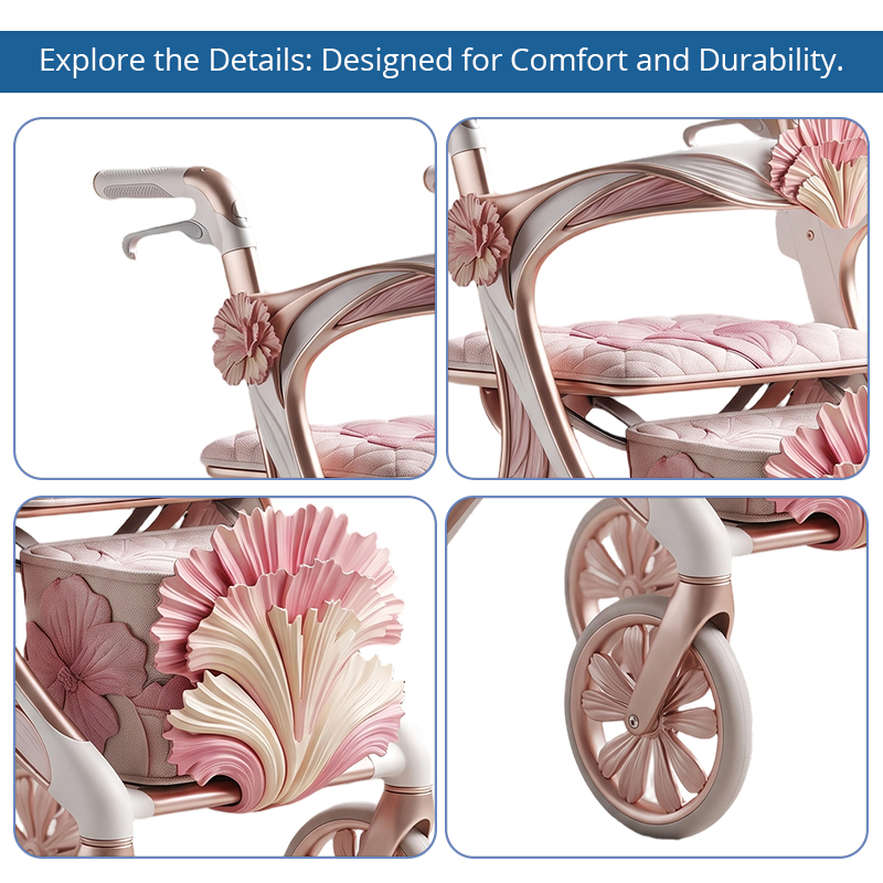CR3110     New Design Carbon Fibre Rollator Walker for Premium Elderly Care Brands with Rose Gold Frame Floral Pattern Custom Manufacturing