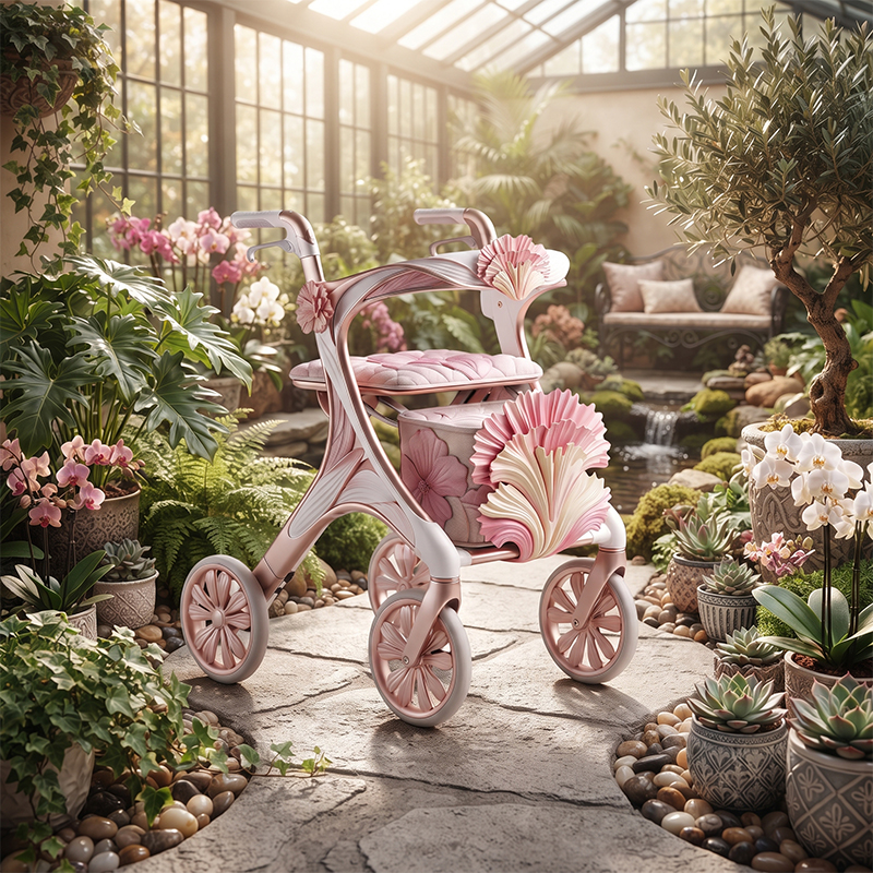 CR3110     New Design Carbon Fibre Rollator Walker for Premium Elderly Care Brands with Rose Gold Frame Floral Pattern Custom Manufacturing