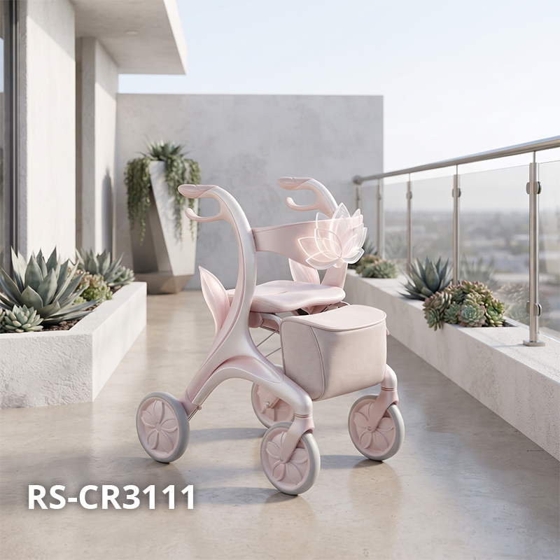 CR3111   New Design Carbon Fiber Rollator Walker with Pearl White Lotus Inspired Frame Luxury Mobility Aid OEM ODM Manufacturer