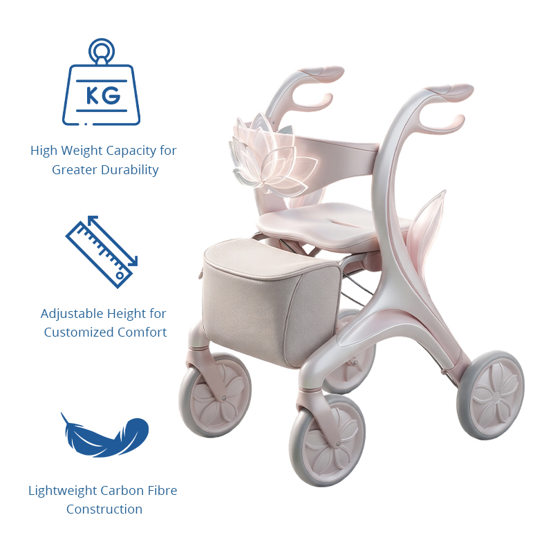 CR3111   New Design Carbon Fiber Rollator Walker with Pearl White Lotus Inspired Frame Luxury Mobility Aid OEM ODM Manufacturer
