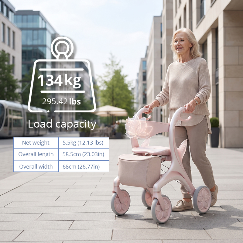 CR3111   New Design Carbon Fiber Rollator Walker with Pearl White Lotus Inspired Frame Luxury Mobility Aid OEM ODM Manufacturer