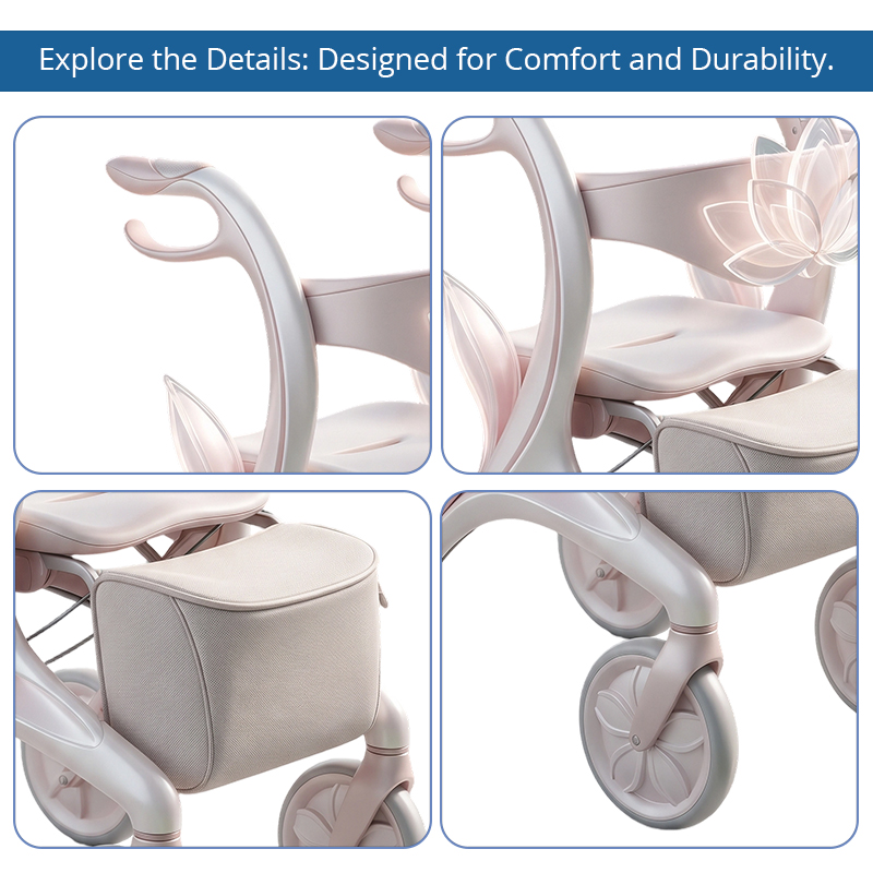 CR3111   New Design Carbon Fiber Rollator Walker with Pearl White Lotus Inspired Frame Luxury Mobility Aid OEM ODM Manufacturer