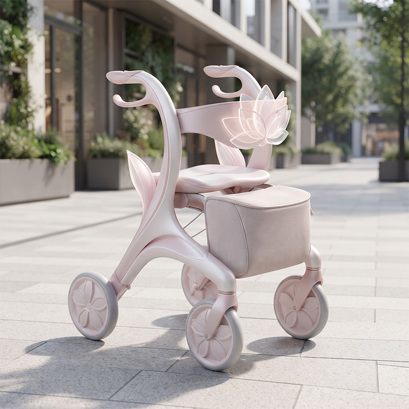 CR3111   New Design Carbon Fiber Rollator Walker with Pearl White Lotus Inspired Frame Luxury Mobility Aid OEM ODM Manufacturer