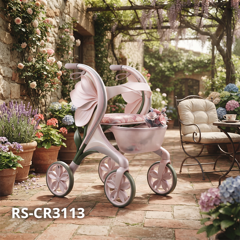CR3113   New Design Carbon Fibre Rollator Walker with Pearl Pink Floral Concept for Premium Senior Mobility OEM ODM