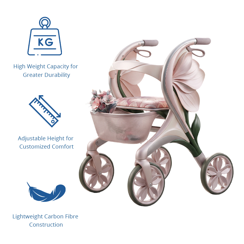 CR3113   New Design Carbon Fibre Rollator Walker with Pearl Pink Floral Concept for Premium Senior Mobility OEM ODM
