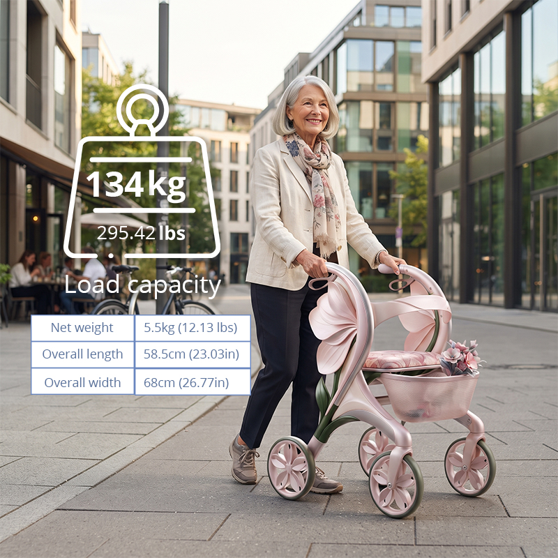 CR3113   New Design Carbon Fibre Rollator Walker with Pearl Pink Floral Concept for Premium Senior Mobility OEM ODM