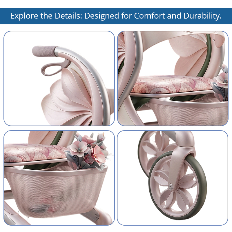 CR3113   New Design Carbon Fibre Rollator Walker with Pearl Pink Floral Concept for Premium Senior Mobility OEM ODM