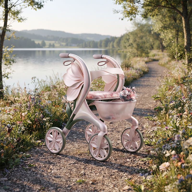 CR3113   New Design Carbon Fibre Rollator Walker with Pearl Pink Floral Concept for Premium Senior Mobility OEM ODM