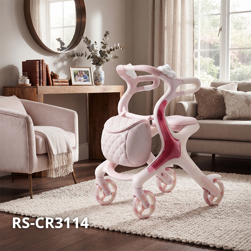 CR3114   New Design Carbon Fibre Rollator Walker with Pearl Pink Floral Concept for Premium Senior Mobility OEM ODM