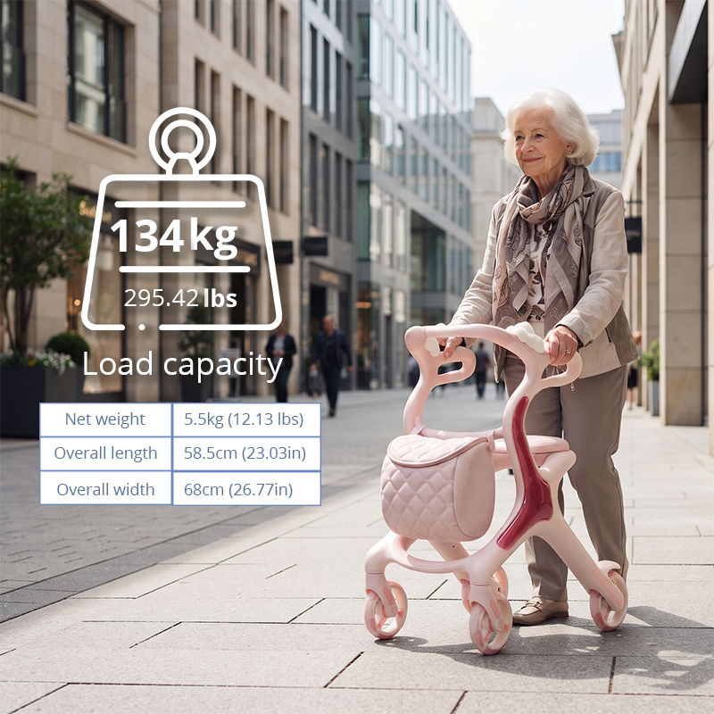 CR3114   New Design Carbon Fibre Rollator Walker with Pearl Pink Floral Concept for Premium Senior Mobility OEM ODM