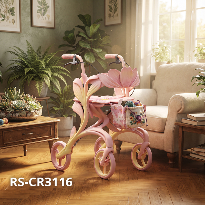 CR3116   New Design Carbon Fibre Rollator Walker with Pink Lotus Floral Pattern & Luxury Concept Mobility Aid for Elderly OEM ODM