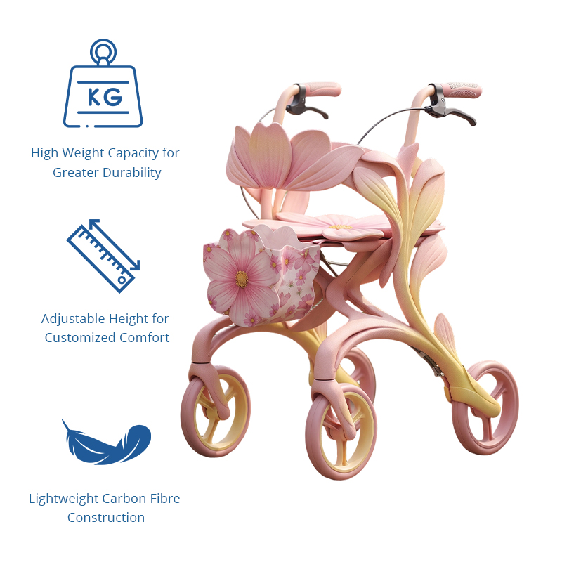 CR3116   New Design Carbon Fibre Rollator Walker with Pink Lotus Floral Pattern & Luxury Concept Mobility Aid for Elderly OEM ODM