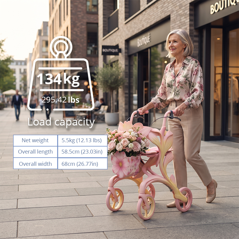 CR3116   New Design Carbon Fibre Rollator Walker with Pink Lotus Floral Pattern & Luxury Concept Mobility Aid for Elderly OEM ODM