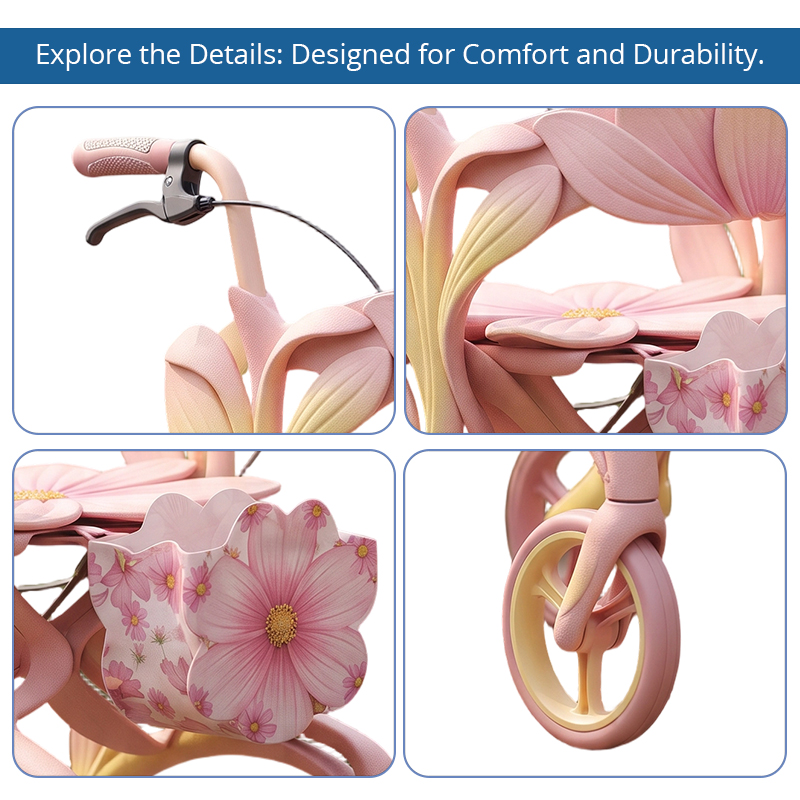 CR3116   New Design Carbon Fibre Rollator Walker with Pink Lotus Floral Pattern & Luxury Concept Mobility Aid for Elderly OEM ODM
