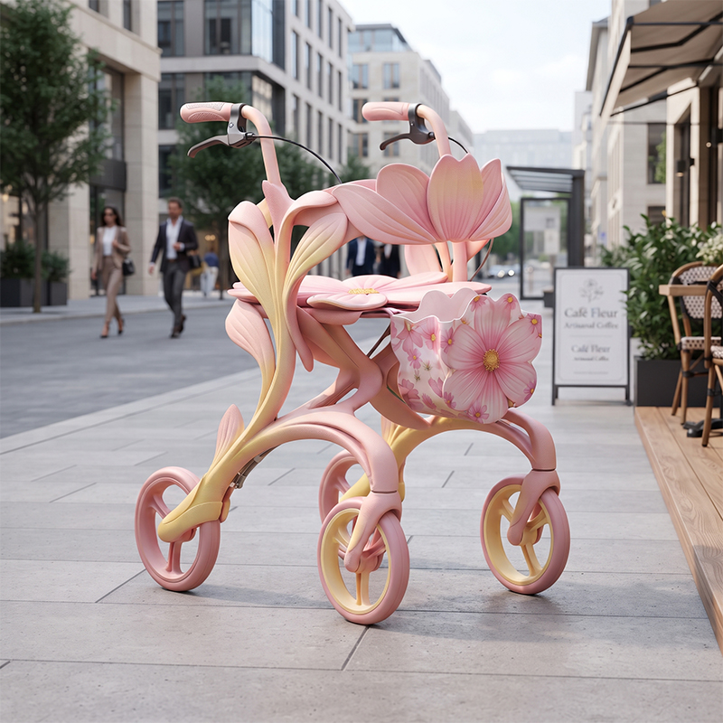 CR3116   New Design Carbon Fibre Rollator Walker with Pink Lotus Floral Pattern & Luxury Concept Mobility Aid for Elderly OEM ODM