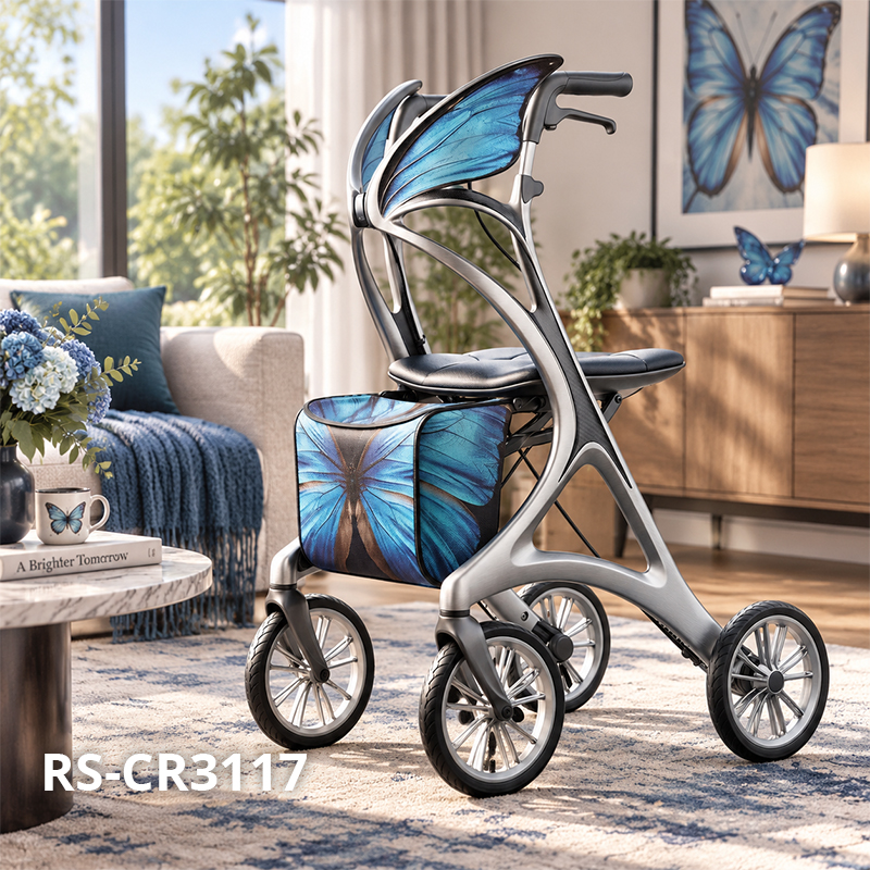 CR3117   New Design Carbon Fibre Rollator Walker with BLUE Lotus Floral Pattern & Luxury Concept Mobility Aid for Elderly OEM ODM
